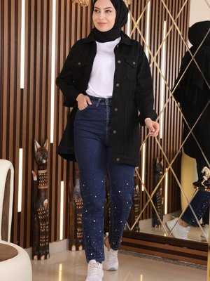 Koyu Kot Taş Detaylı Pantolon Koyu Kot Taş Detaylı Pantolon