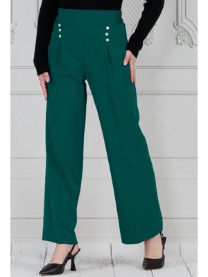 Zümrüt Yeşili Pile Detaylı Üç Düğmeli Pantolon