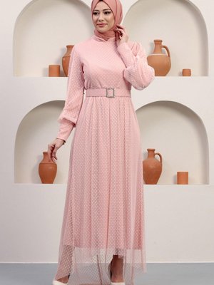 Pudra Kemeri Taşlı Tül Abiye Elbise