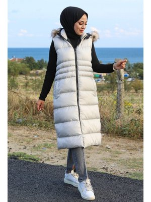 Gri Afra Çift Cepli Kapüşonlu Şişme Yelek