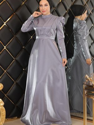 Gri Göğsü Drapeli Abiye Elbise Gri Göğsü Drapeli Abiye Elbise