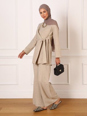 Bağlama Detaylı Tunik & Pantolon İkili Takım Kum Beji