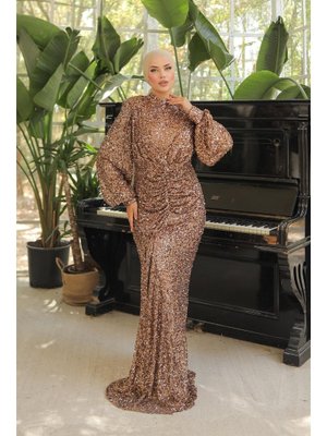 Kahverengi Hüma Payetli Abiye Elbise Kahverengi Hüma Payetli Abiye Elbise