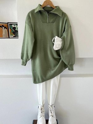 Mint Yaka Fermuarlı Triko Tunik