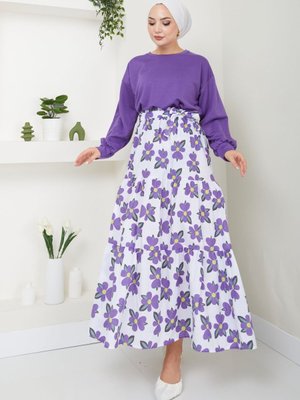 Mor Kopya Çiçekli Etekli Takım