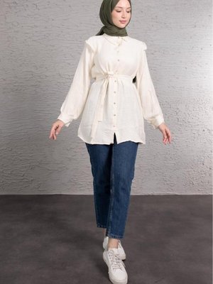 Omuz Mini Fırfırlı Işıltılı Düğmeli Tunik Krem Omuz Mini Fırfırlı Işıltılı Düğmeli Tunik Krem