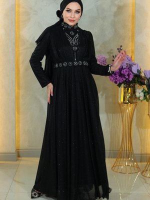 Siyah Taş Detaylı Göğsü Drapeli Simli Abiye Elbise