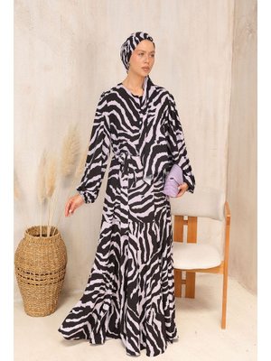 Lila Desenli Şallı Elbise