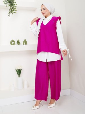 Fuşya Trend Kumaş Gömlekli Yelekli 3lü Takım