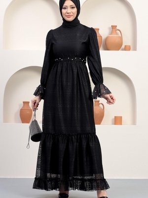 Siyah İnci Detaylı Dantel Abiye Elbise