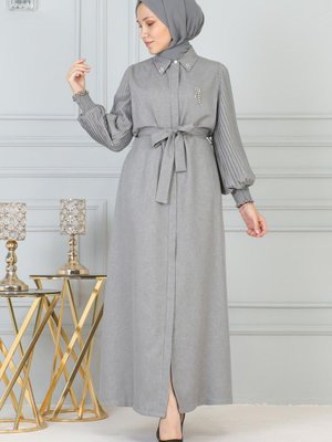 Gri Taş Detaylı Fermuarlı Ferace Gri Taş Detaylı Fermuarlı Ferace