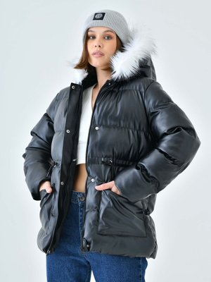 Siyah Kapüşonlu Kürklü Astarlı Deri Mont Siyah Kapüşonlu Kürklü Astarlı Deri Mont