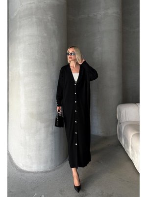 Siyah V Yaka Düğme Detaylı Oversize Triko Hırka