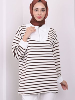 Koyu Kahve Yaka Fermuarlı Çizgili İki İplik Sweatshirt Koyu Kahve Yaka Fermuarlı Çizgili İki İplik Sweatshirt
