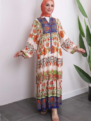 Saks Mavisi Yarım Düğmeli Eteği Katlı Viscon Elbise Saks Mavisi Yarım Düğmeli Eteği Katlı Viscon Elbise