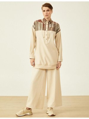 Kumaş Garnili Sweatshirt Krem