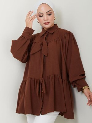 Kahverengi Fiyonk Detaylı Gömlek Yaka Tunik Kahverengi Fiyonk Detaylı Gömlek Yaka Tunik