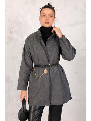 Antrasit Kemerli Kaşe Kaban