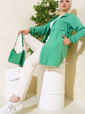 Yeşil Araboy Kapüşonlu Fermuarlı Keten Kap Yeşil Araboy Kapüşonlu Fermuarlı Keten Kap