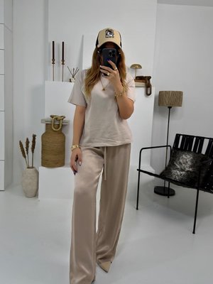 Bej Viskon Saten Bol Paça Pantolon