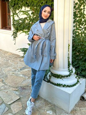 Triangle Kısa Trençkot İndigo Triangle Kısa Trençkot İndigo