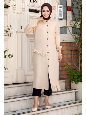 Bej Yanı Fırfır Detaylı Düğmeli Keten Tunik