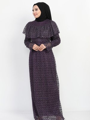 Mor Yakası Dantelli Simli Elbise Mor Yakası Dantelli Simli Elbise