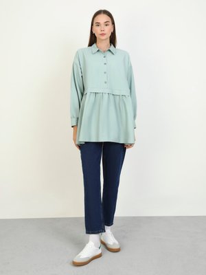 Mint Yeşili Belden Kesikli Pamuklu Poplin Bluz Gömlek Mint Yeşili Belden Kesikli Pamuklu Poplin Bluz Gömlek