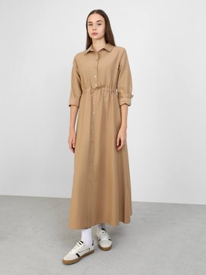 Koyu Vizon Pamuklu Belden Bağlama Detaylı Poplin Elbise