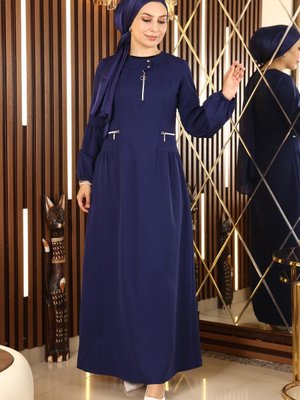 İndigo Fermuar Detaylı Elbise