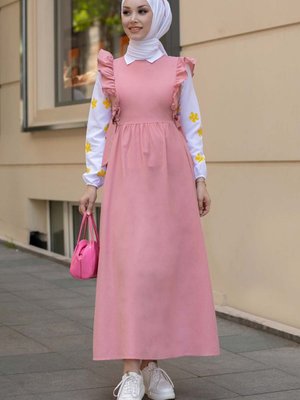 Düz Bisiklet Yaka Pembe Gömlek Elbise