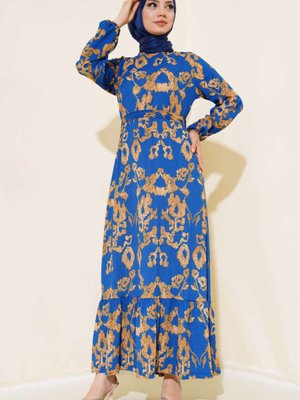 İndigo Renkli Desenli Kuşaklı Bürümcük Elbise İndigo Renkli Desenli Kuşaklı Bürümcük Elbise