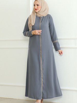 Nakışlı Fermuarlı Krep Kumaş Ferace