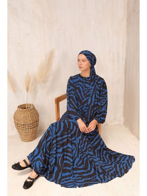 Lacivert Desenli Şallı Elbise