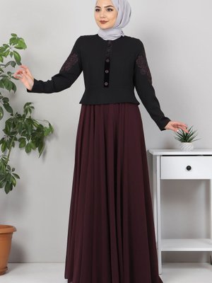 Mor Nakışlı Şifon Abiye Elbise