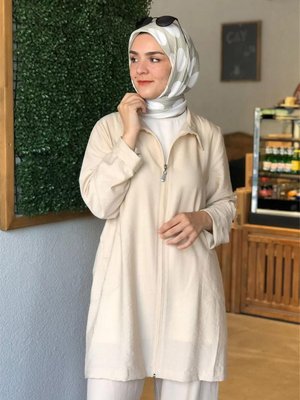 Kısa Fermuarlı Hırka Açık Bej