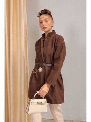 Kahverengi Kemerli Kaşe Kaban