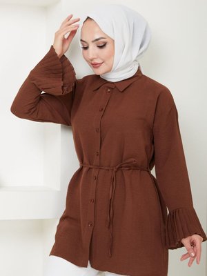 Kahverengi Kolu Piliseli Gömlek Yaka Tunik Kahverengi Kolu Piliseli Gömlek Yaka Tunik