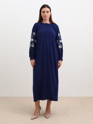 Lacivert Büyük Beden Çiçekli Nakış Detaylı Aerobin Elbise