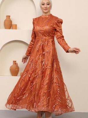 Kiremit Taşlı Abiye Elbise