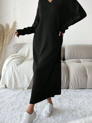 Siyah Oversize V Yaka Uzun Kol Triko Elbise