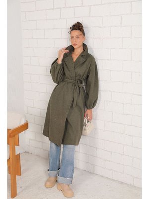 Haki Kuşaklı Balon Kol Kaşe Kaban