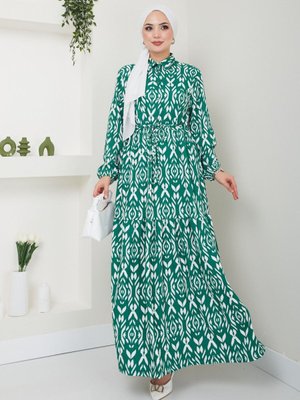 Yeşil Desenli Yaka Bel Büzgülü Gömlek Elbise Yeşil Desenli Yaka Bel Büzgülü Gömlek Elbise
