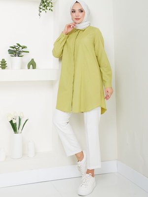 Yağ Yeşili Terikoton Gizli Düğmeli Boyfriend Gömlek