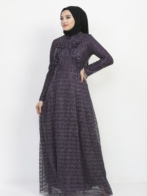 Mor İnci Dantelli Simli Elbise