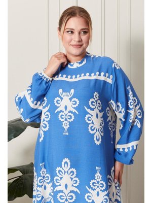 Mavi Büyük Beden Hakim Yaka Elbise Mavi Büyük Beden Hakim Yaka Elbise