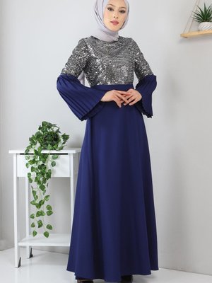 İndigo Piliseli Pulpayetli Abiye Elbise İndigo Piliseli Pulpayetli Abiye Elbise
