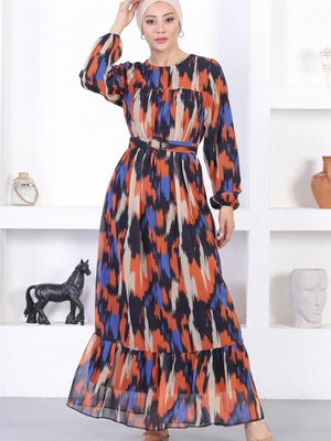 Kiremit Desenli Şifon Elbise