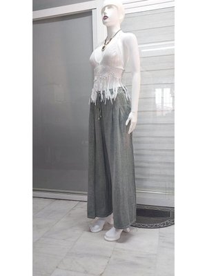 Yeşil Pileli Keten Pantolon