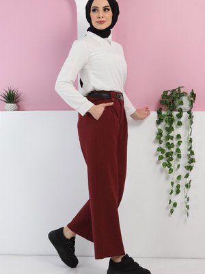 Bordo Kemerli Bol Paça Pantolon Bordo Kemerli Bol Paça Pantolon